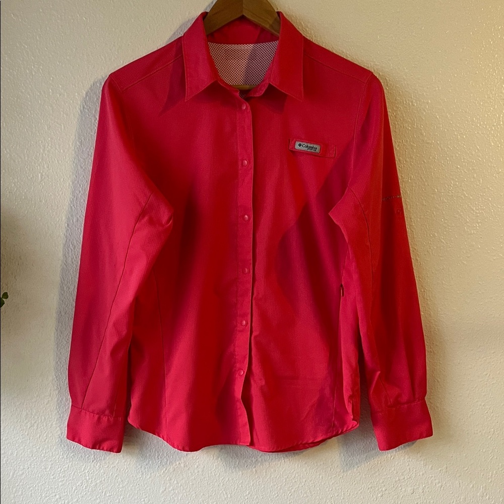 Columbia Performance Fishing Gear Long Sleeve Button Down Shirt Bright Pink
